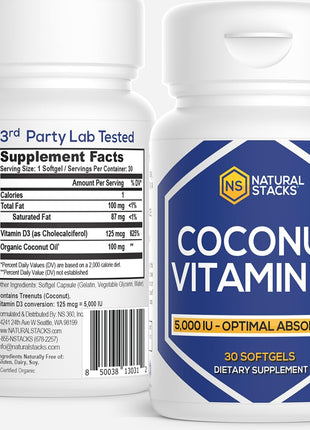 NATURAL STACKS Vitamin D3 5000 IU - 30 SOFTGELS. Vitamin D Pills for Immunity & Cell Growth - Coconut Oil Pills & Immune Support Vitamins - Vitamins Supplements for Rapid Absorption