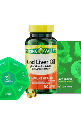 Spring Valley Cod Liver Oil Plus Vitamins A & D3 100 softgels Support Eye Function and a Healthy Bundle with Vitamins & Minerals Ligth&Spring Guide