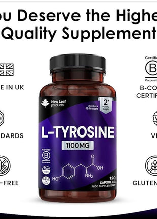 L - Tyrosine 1100mg | Free form Aminoacid - 120 vegan capsules - High Strength