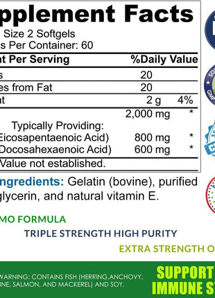 Omega-3 Fish Oil 2000mg | 800mg EPA, 600mg DHA & Vit E - 120 soft gels