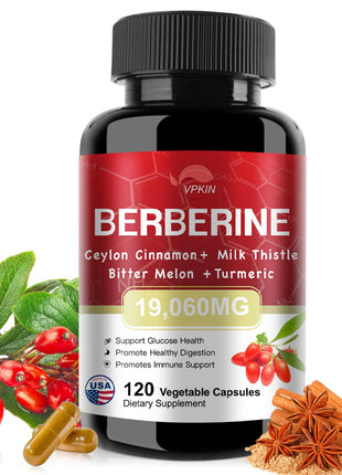 VPKIN Berberine Supplement 19060mgBerberine with Ceylon CinnamonBitter MelonMilk ThistleBerberine HCl Supplement(120 Capsules)