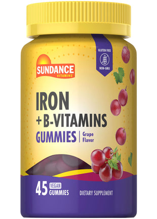 Sundance Iron Gummies | Plus B-Vitamins | 45 Vegan Gummies | Grape Flavor | Vegan Non-GMO and Gluten Free Supplement