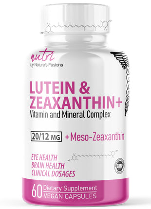 Nutri Lutein 20mg Eye Vitamins Complex - Triple Carotenoid Formula - Lutein and Zeaxanthin Supplements - Contains Zinc Vitamins ACD3E Folate - 60 Capsules - Eye Health Supplements