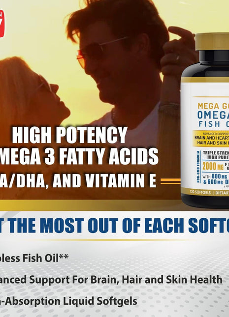 Omega-3 Fish Oil 2000mg | 800mg EPA, 600mg DHA & Vit E - 120 soft gels