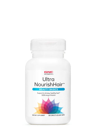 GNC Womens Ultra NourishHair Vitamins | Supports Healthy Hair Skin and Nails | Biotin with Vitamins C E and Zinc | Daily Supplement | 60 Caplets