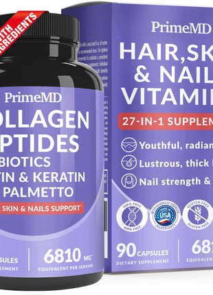 27-in-1 Hair Skin and Nails Vitamins (6810mg) w/Biotin 10000mcg - Biotin and Collagen Supplements for Men and Women - Hair Growth Vitamins Keratin Supplements with Probiotics and Saw Palmetto 90ct