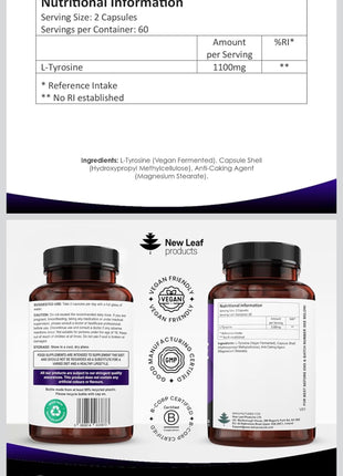 L - Tyrosine 1100mg | Free form Aminoacid - 120 vegan capsules - High Strength