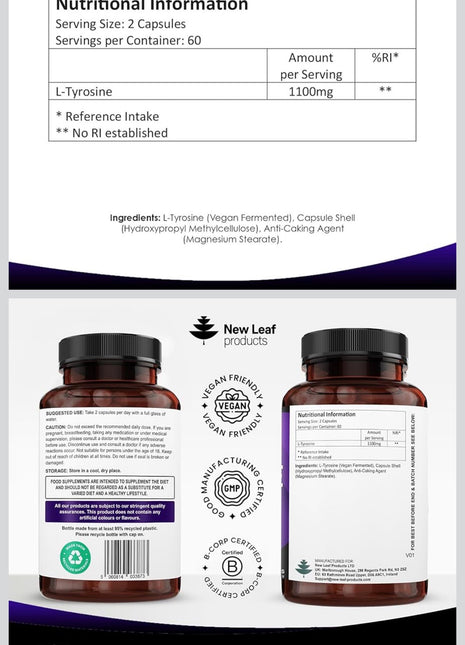 L - Tyrosine 1100mg | Free form Aminoacid - 120 vegan capsules - High Strength