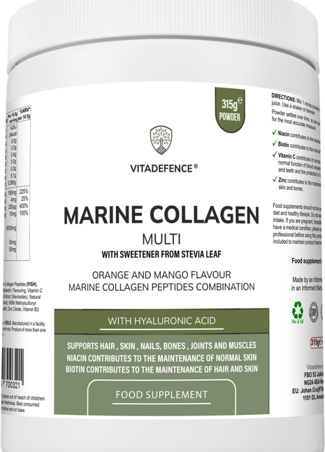 Marine Collagen Multi | Orange & Mango Flavour Powder with Hyaluronic Acid, MSM, Vitamins & Minerals – 315 g