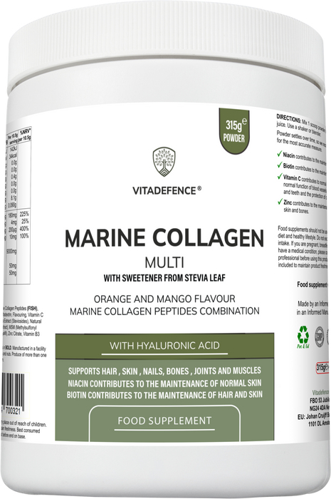 Marine Collagen Multi | Orange & Mango Flavour Powder with Hyaluronic Acid, MSM, Vitamins & Minerals – 315 g
