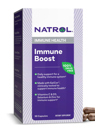 Natrol Immune Boost Capsules Immune Support Dietary Supplement Made with EpiCor Clinically Tested Includes Vitamins C D3 Selenium and Zinc 30 Count