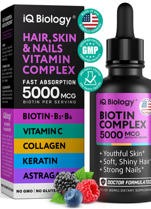 Liquid Biotin 5000mcg Drops – 80000mcg Hair Growth Vitamins Complex with Astragalus Collagen & Keratin | Made in the USA | Extra Strength Hair Skin and Nails Vitamins - Hair Vitamins for Women & Men