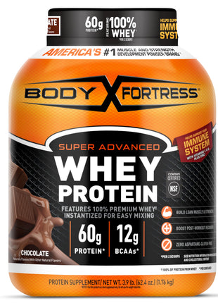 Body Fortress Super Advanced Whey Protein Powder Chocolate Immune Support (1) Vitamins C & D Plus Zinc 3.9 lbs.