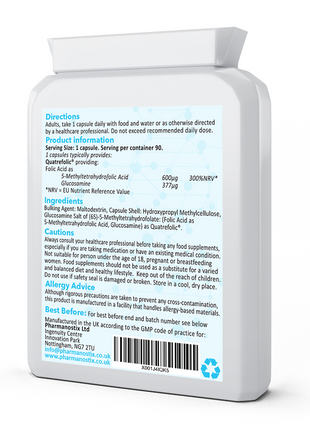 Folic Acid 600µg 90 Capsules as Quatrefolic Methyl Folate 5-MTHF Supplement
